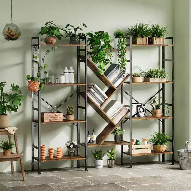 5-Tier Rustic Wooden Bookshelf C A-Black + Retro Finish C Wide Display Shelf for Bedroom/Living Room/Office (1-Pack)