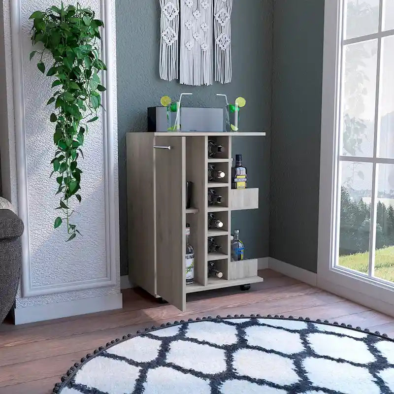 Rolling Bar Cart with Enclosed Cabinet 6-Bottle Wine Cubby and Open Bottle Shelves