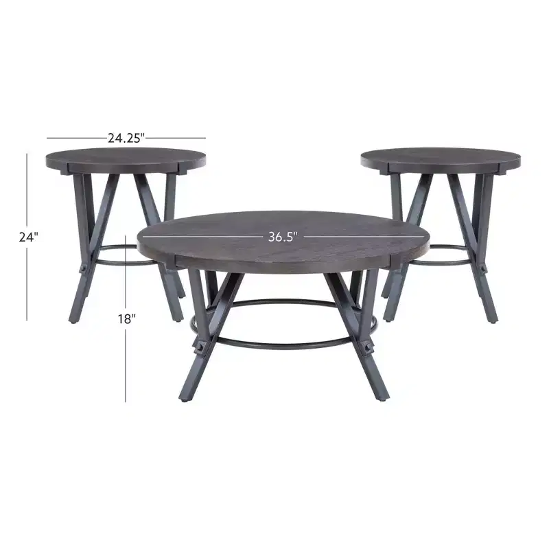 Powell 3pc Galway Wood Top and Charcoal Gray Metal Round Coffee and Side Table Set Charcoal Brown: Rustic Living Room Furniture Set