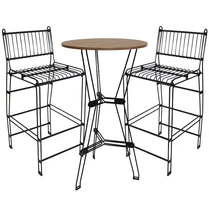 Sunnydaze 3-Piece Indoor Furniture Steel Wire Bar Set with Faux Woodgrain Tabletop - Brown - 3 pc