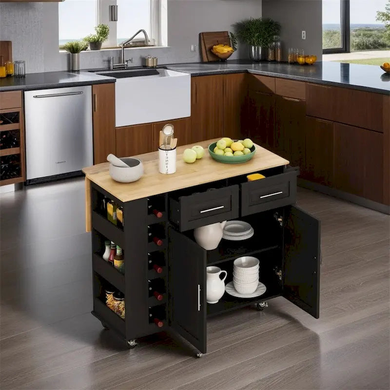Rolling Kitchen Island Cart with 2 Drawers 2-Door Cabinet 5-Tier Wine Rack and Spice Rack