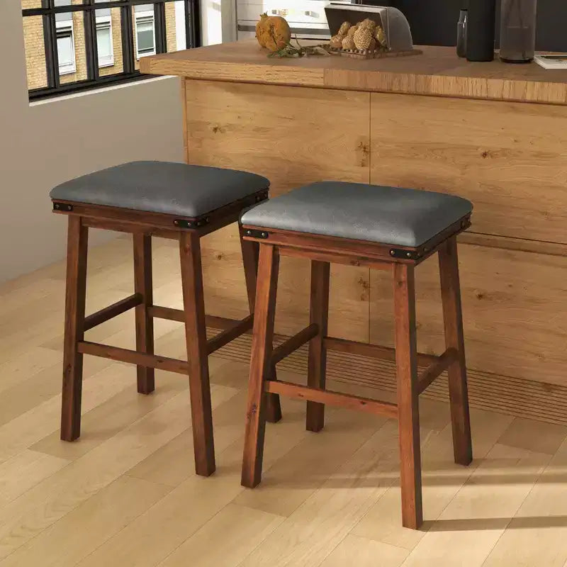 Costway 30'' Dining Bar Stool Set of 2 Pub Height Padded Seat Wood Frame Kitchen Brown/White