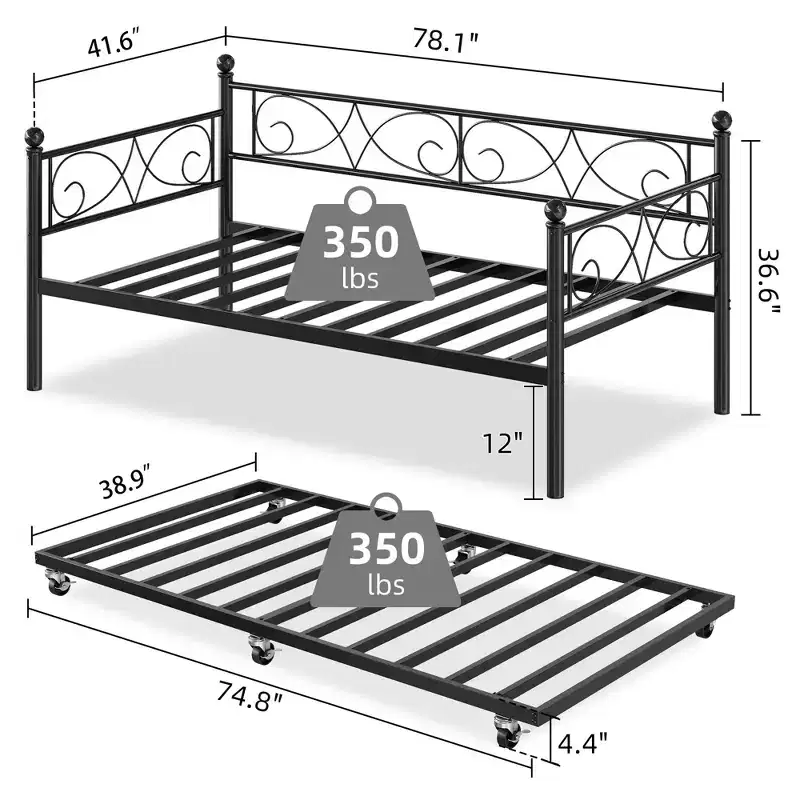 Twin Daybed with Trundle Bed, Heavy Duty Metal Twin Bed Frame with Pull Out Trundle