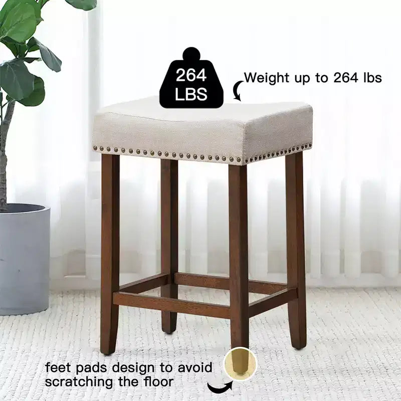 Set of 2 Nailhead Saddle Bar Stools 24 with Fabric Seat & Wood Legs, Beige/Gray