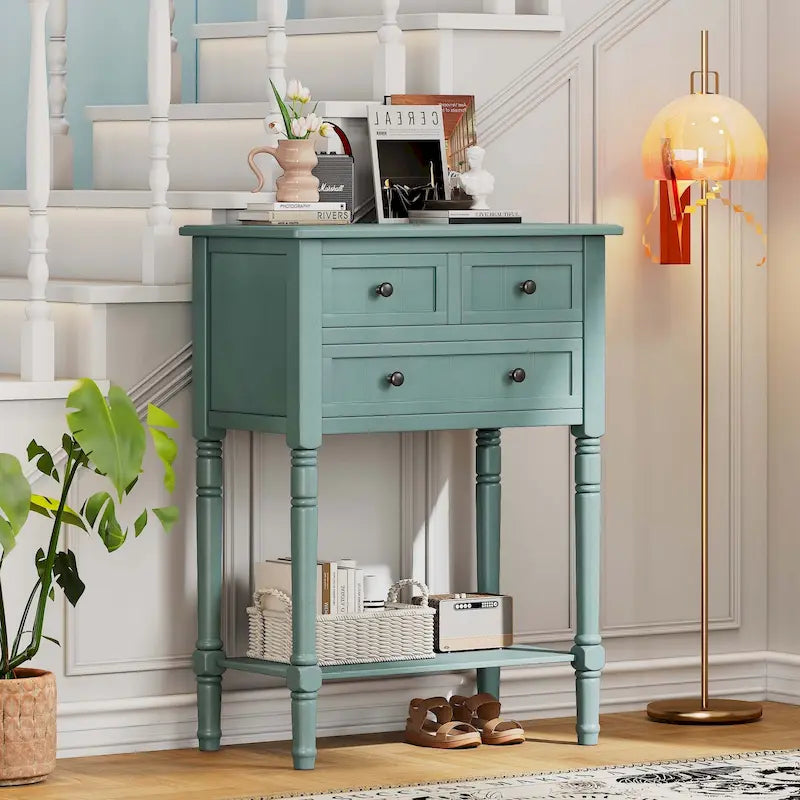 Narrow Console Table with Drawers and Bottom Shelf