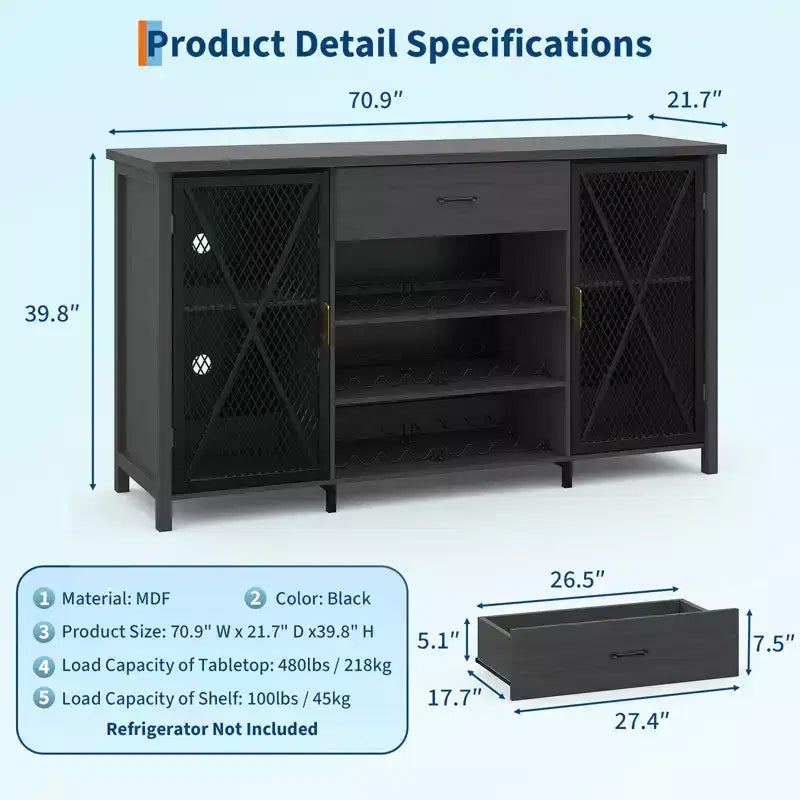 71 Coffee Bar Cabinet with Fridge Space, Wine Rack, Drawers for Kitchen & Dining Room, Modern Wood Metal Design-Black