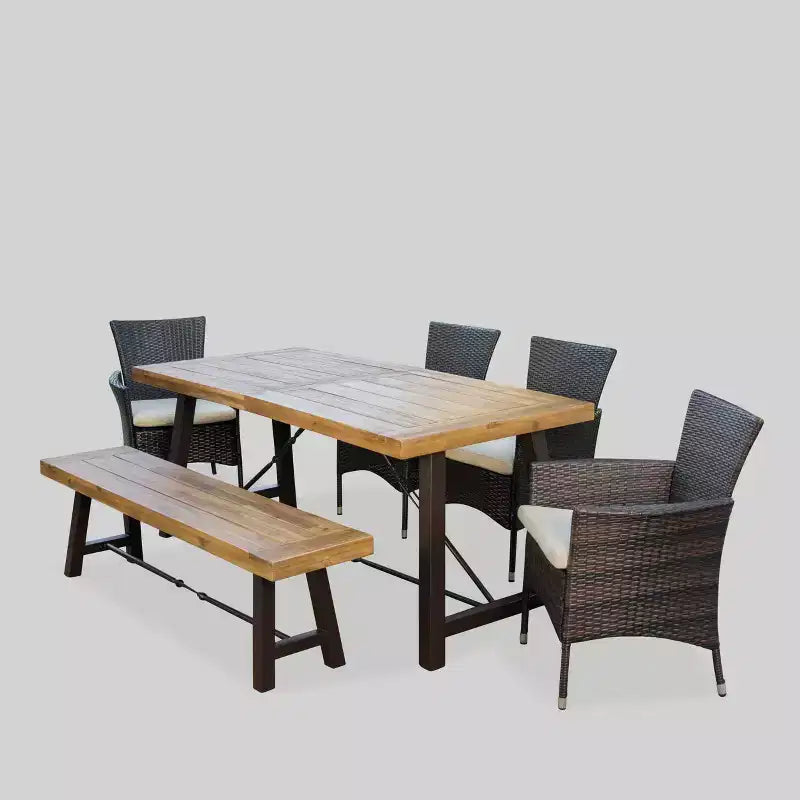 Jennys 6pc Acacia/Wicker Patio Dining Set - Brown - Christopher Knight Home: Weather-Resistant, Iron Frame, Bench Included
