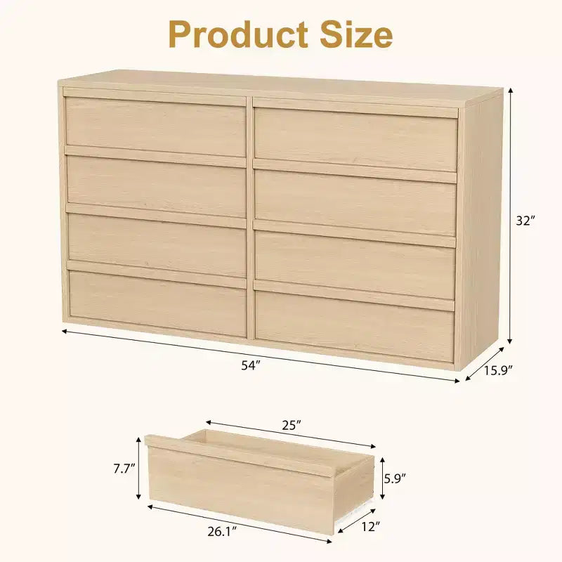 8 Drawer Dresser for Bedroom, 54In Wide Natural Oak with Large Storage, Wooden Dresser Organizer for Living Room, Nursery, Entryway
