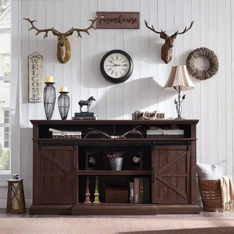 Farmhouse TV Stand for 80 TVs, 37 Tall Media Console with Sliding Barn Door and Adjustable Shelves