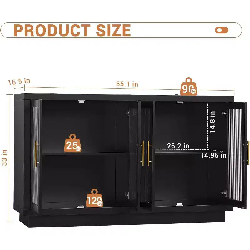 Buffet Cabinet with Storage, 55.1 Large Wood Cabinet with 4 Fluted Glass Doors, Black Modern Storage Cabinets for Living Room, Entryway, Kitchen