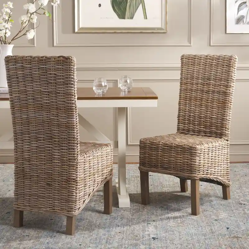 Set of 2 Natural Wicker Dining Chairs 19W x 22D x 41H, Boho Coastal Style