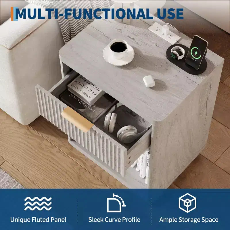 Fluted Nightstand with Charging Station and Drawers