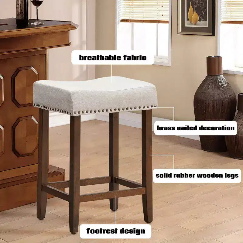 Set of 2 Nailhead Saddle Bar Stools 24 with Fabric Seat & Wood Legs, Beige/Gray