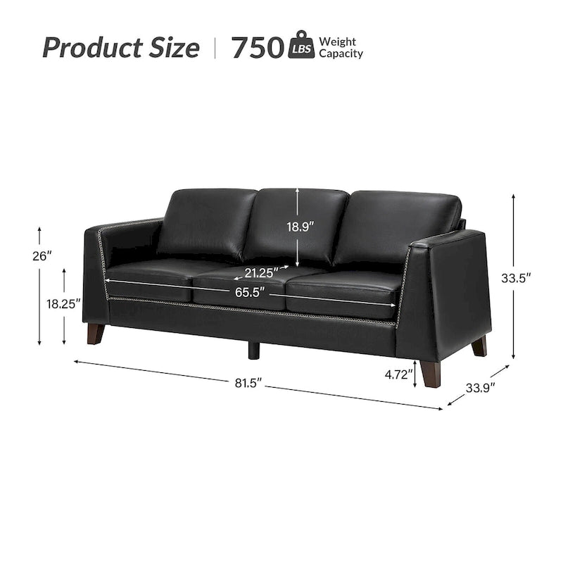 81.5 Inch Genuine Leather Tuxedo Arm Sofa with Solid Wood Legs