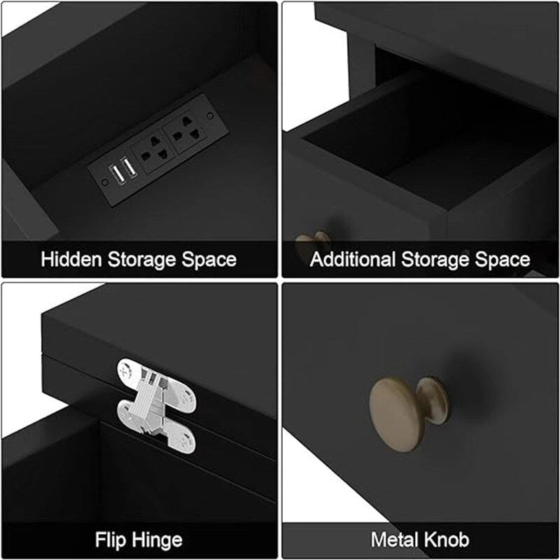 Narrow End Table with Flip Top Drawer and Charging Station