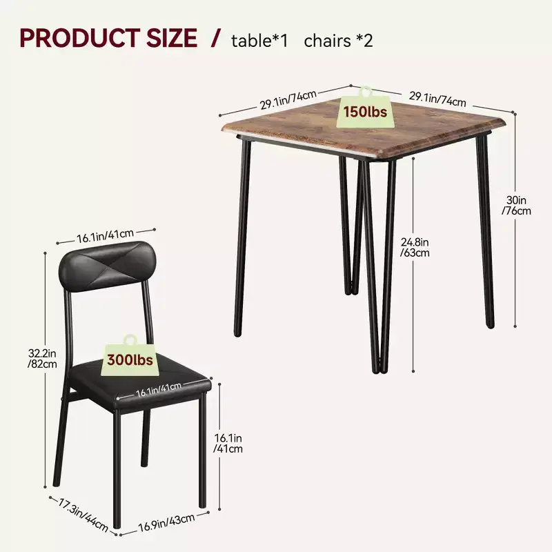 Kitchen Table Set 3 Piece Wooden Dining Table Set for 2 Person Square Table and Chair Small Farmhouse Table Set for Kitchen Restaurant