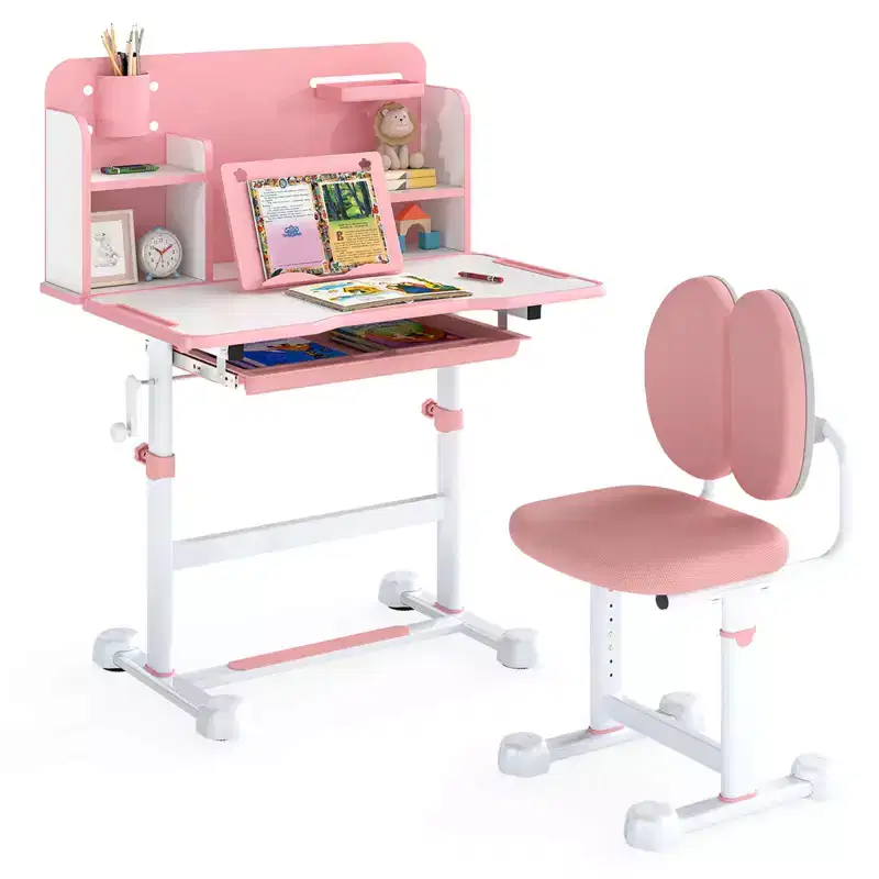Costway Kids Study Desk & Chair Set with Tilt Desktop, Pen Holder & Tray, Reading Stand Blue/Gray