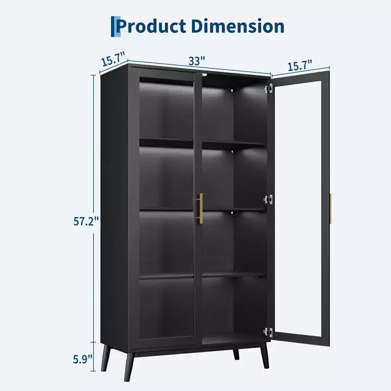 Glass Display Cabinet with LED Lights, Display Case Bookcase with 4-Tier Shelves, Curio Cabinet with 2 Glass Doors, Storage Cabinet