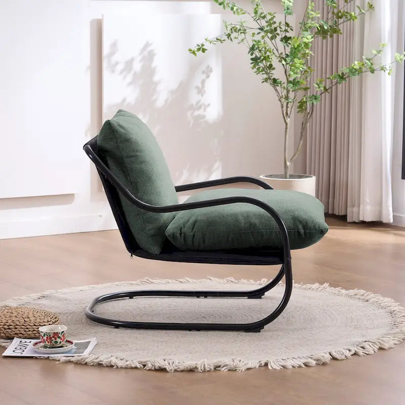Modern Curved Accent Chair with Linen Upholstery Metal Frame Cushions