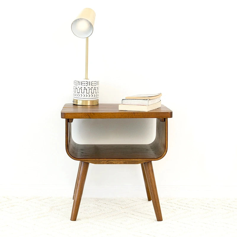 Mid-Century Modern Rectangular Solid Wood End Table in Brown