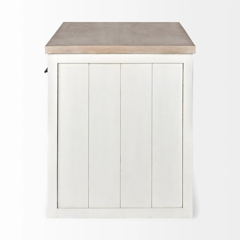 White and Brown Two-Tone Solid Wood Kitchen Island with 3 Drawers and Shelves