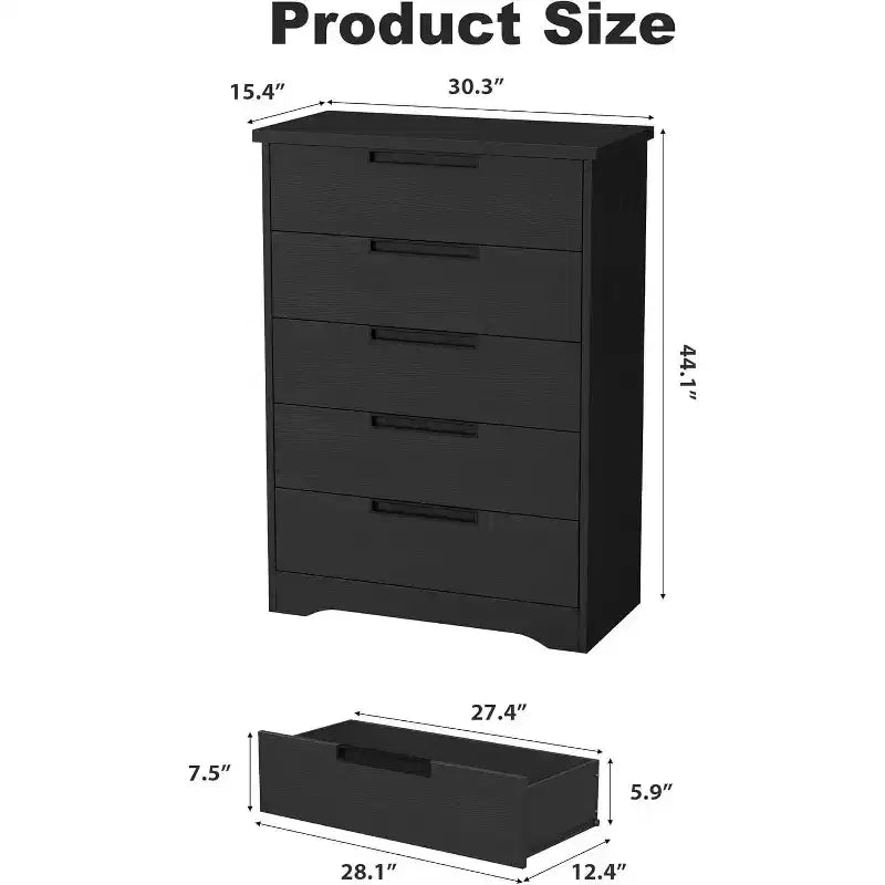 5-Drawer Wooden Dresser, Chest of Drawers for Bedroom & Living Room
