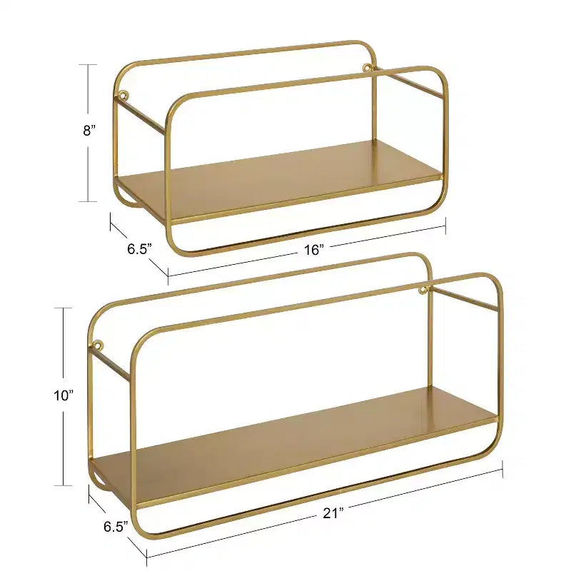 Modern Metal Floating Wall Shelves, Gold, 21 x 10