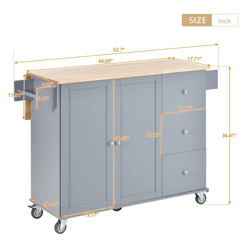 Rolling Kitchen Island with Drop Leaf Breakfast Bar Solid Wood Top 3 Drawers and Spice Rack