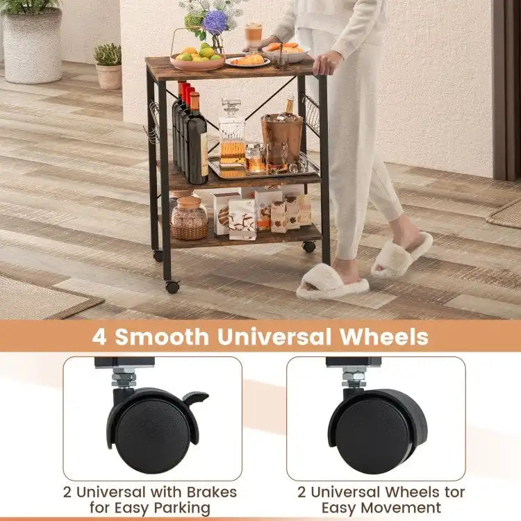 Rustic Brown 3-Tier Rolling Baker's Rack Microwave Cart with S-Hooks