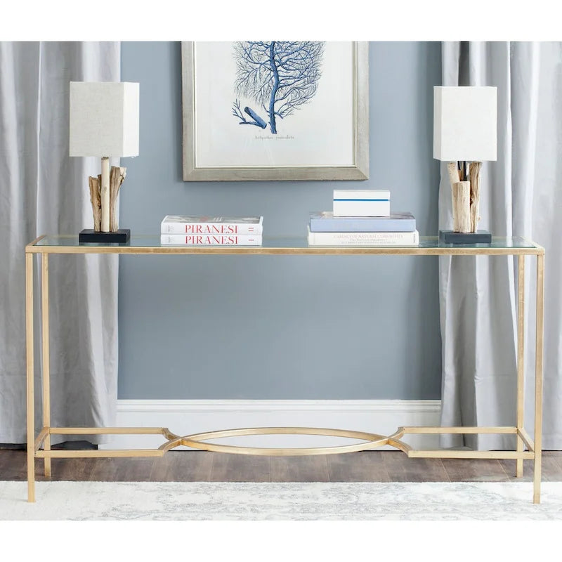 Gold Tempered Glass Console Table with Curved Iron Frame
