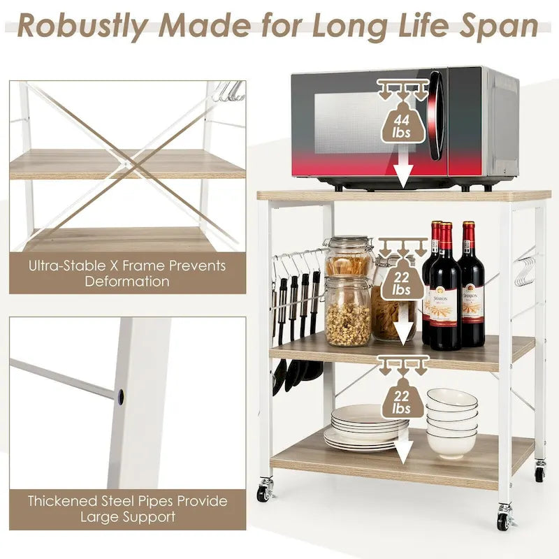 Rustic Brown 3-Tier Rolling Baker's Rack Microwave Cart with S-Hooks