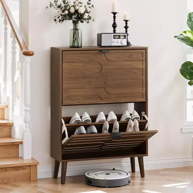Modern Freestanding Shoe Cabinet with 2 Flip Drawers - Mid-Century Storage Rack for Entryway