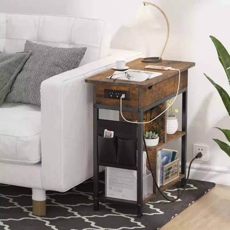 Charging End Table with USB Outlets, Flip Top Storage, Narrow Nightstand for Bedroom Small Spaces