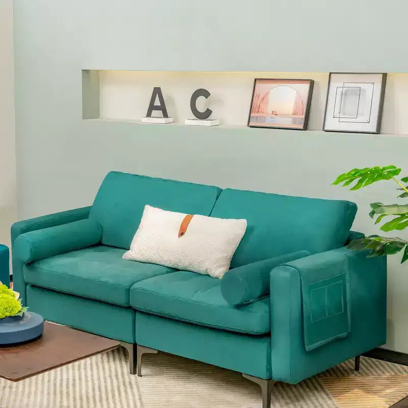 Modern Tufted Loveseat 2-Seat Sofa with 2 Bolsters and Side Storage Pocket - Teal