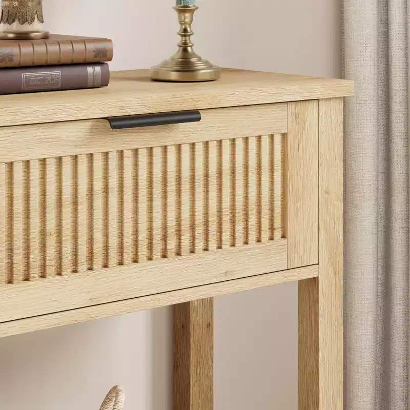 COZONY 43 Fluted Console Table with Burlywood 2 Drawers, 2-Tier Wooden Entryway Sofa Table