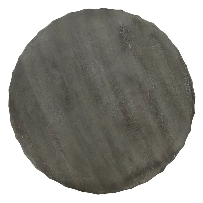 33 Inch Wooden Round Drum Coffee Table with Geometric Carved Pattern, Gray
