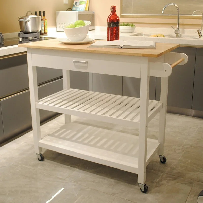 Rolling Kitchen Cart with Natural Wood Top 2 Open Shelves and Towel Rack