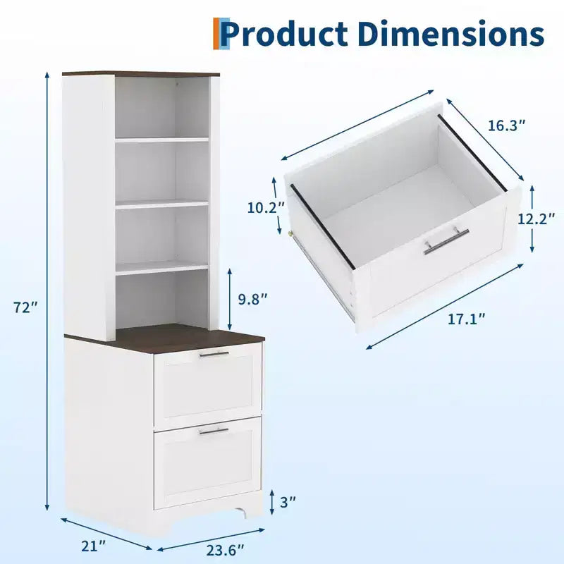 72 Tall Bookcase with 2 File Drawers, 4 Tier Wood Bookshelf with Adjustable Shelves, Freestanding Display Storage Cabinet for Office Living Room