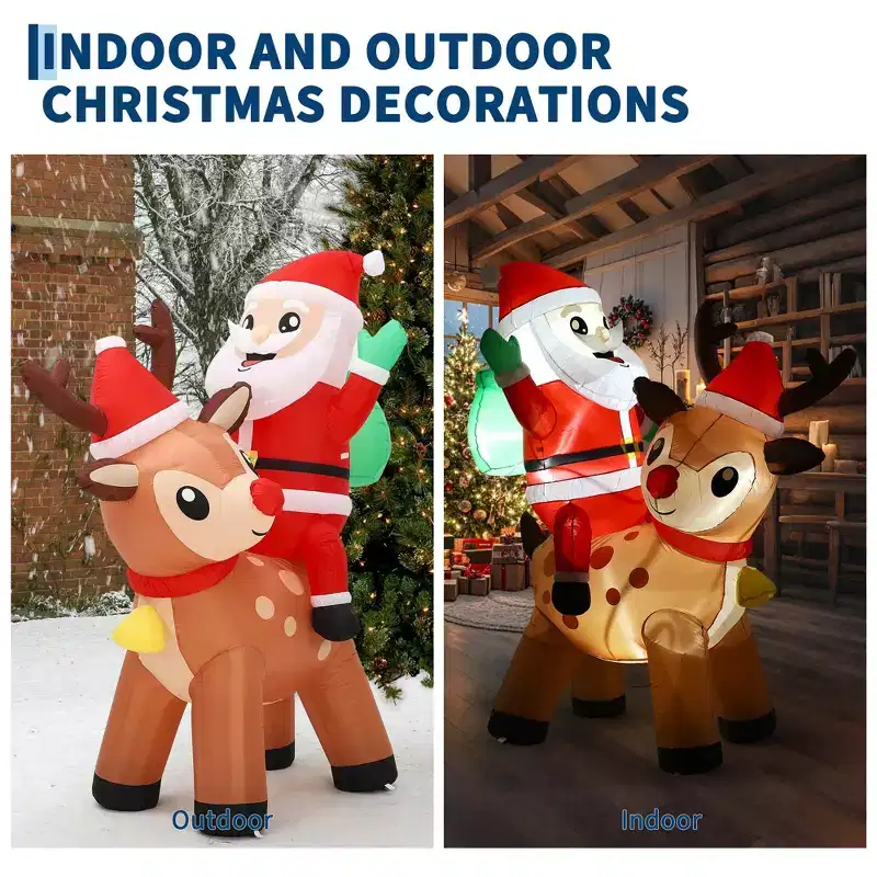 7FT Christmas Inflatable Santa Outdoor Decoration Polyester Inflatable Santa Claus Reindeer, Equipped with Lights for Indoor Outdoor Holiday Party