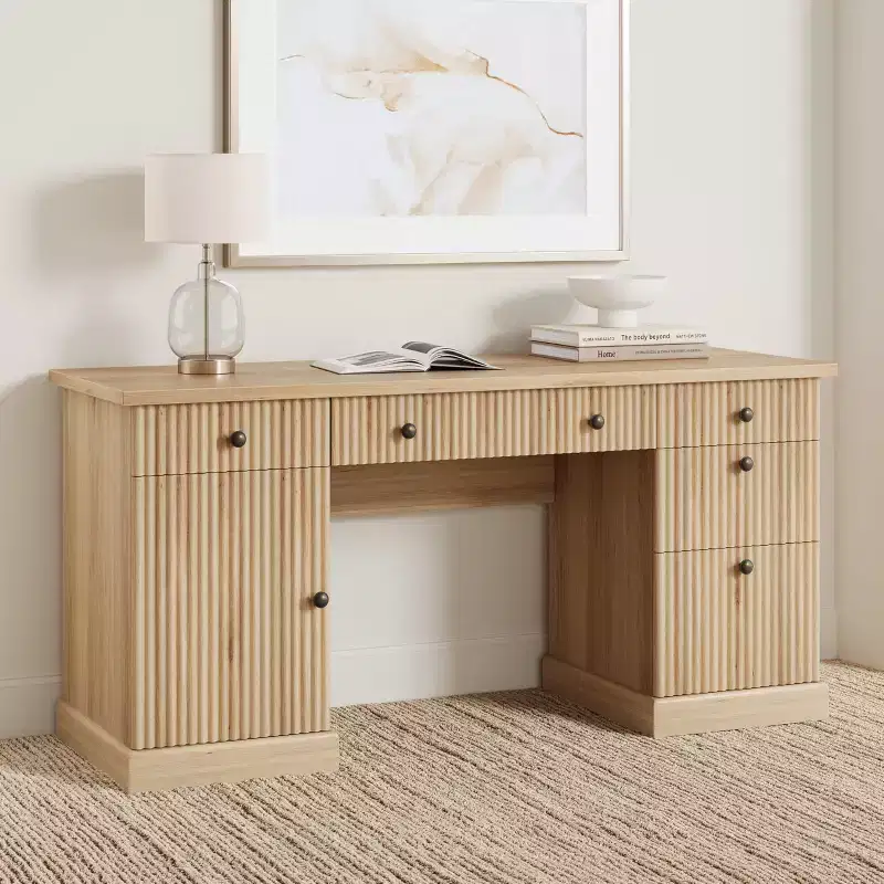 60 Executive Office Desk - Fluted Design with Charging Station, Wooden Desk for Home Office - Natural