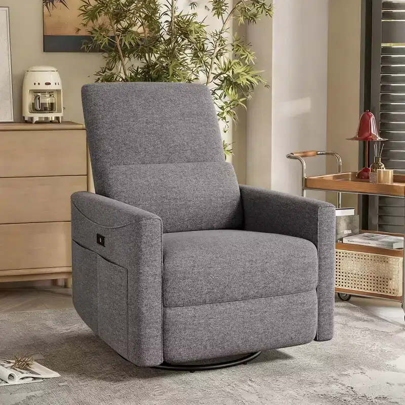 Power Swivel Rocker Recliner Chair, Fabric Glider with Lumbar Support and USB/Type-C Ports