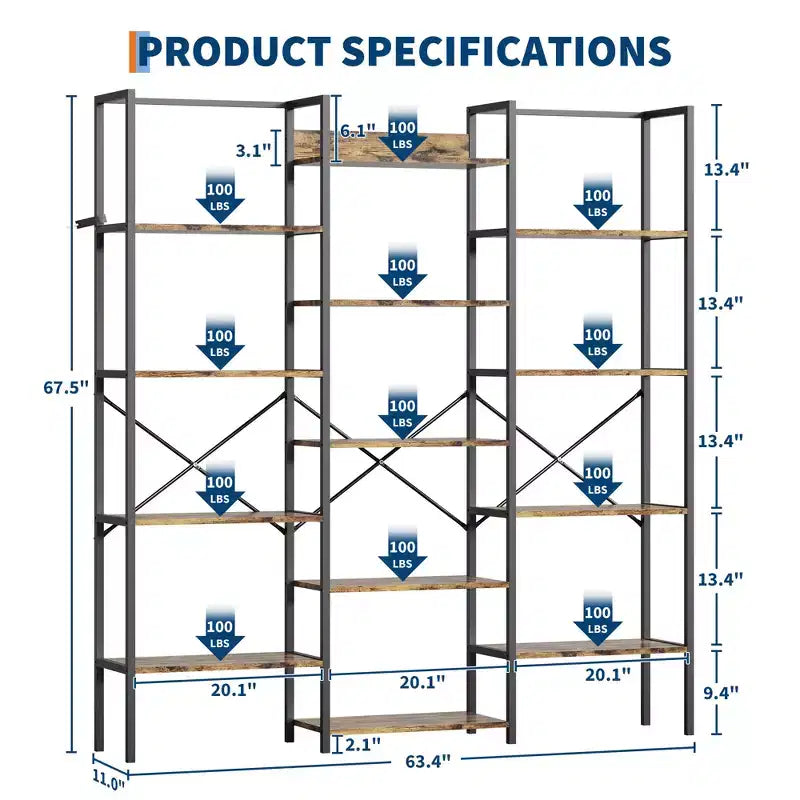 5-Tier Industrial Bookcase with 14 Open Shelves, 63.4W