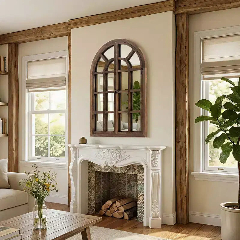 Dovelina 36H x 24W Arched Wood Window Pane Mirror Decorative Wall Mirror Overmantle Mirror for Living Room Dining Room Bedroom Entryway