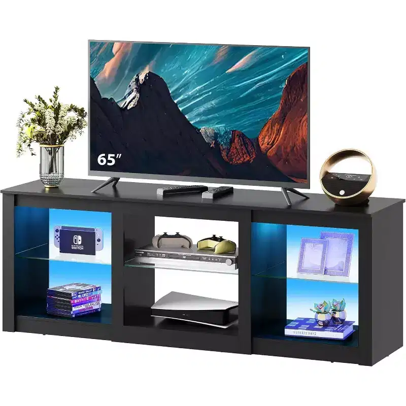 GALAXHERO TV Stand with LED Lights for TVs up to 65 inch, Entertainment Center with Glass Shelves, Modern TV Console for Living Room, White