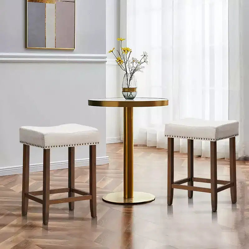 Set of 2 Nailhead Saddle Bar Stools 24 with Fabric Seat & Wood Legs, Beige/Gray