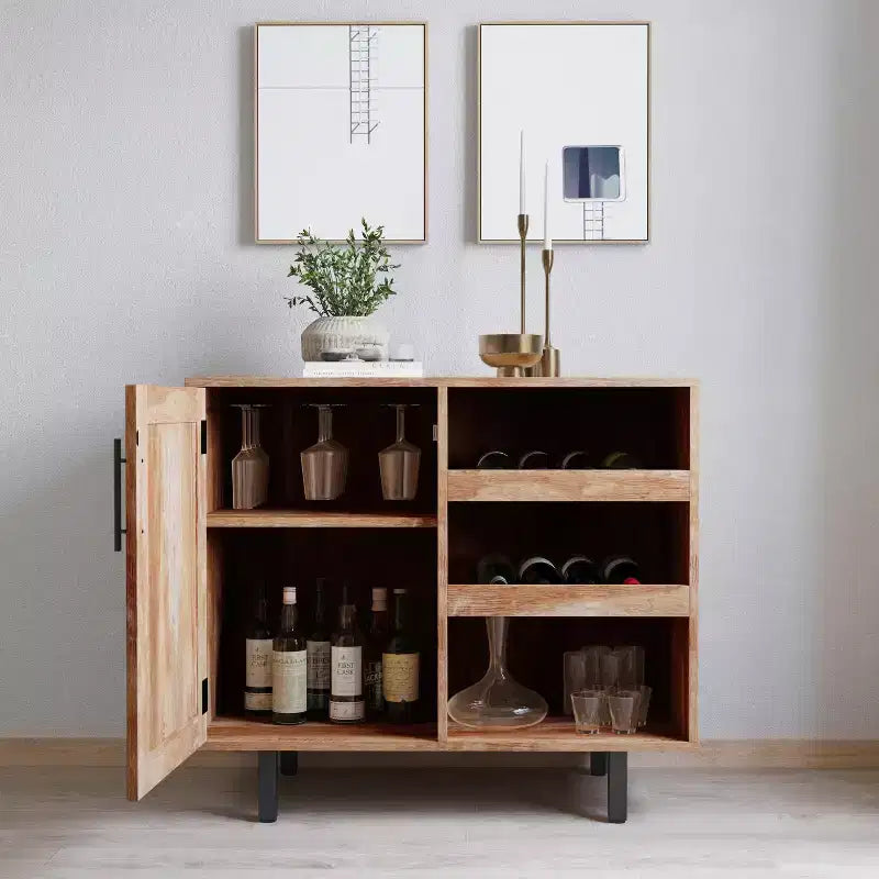Merrick Lane Bar and Sideboard with Storage Cabinet, Hanging Stemware Holders and Bottle Storage