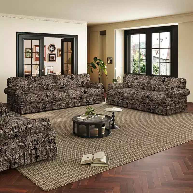 MAYEERTY Luxuriously Comfortable 3&4 Seater Cloud Couch, Chenille Fabric Sofa with Rolled Arms & Pleated Skrit Black Foral