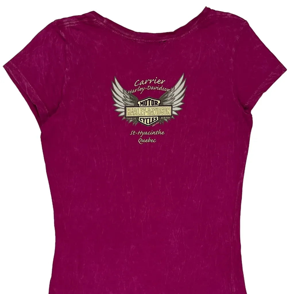 Skull With Wings And Roses Harley Davidson Graphic T-Shirt - Medium Pink Cotton
