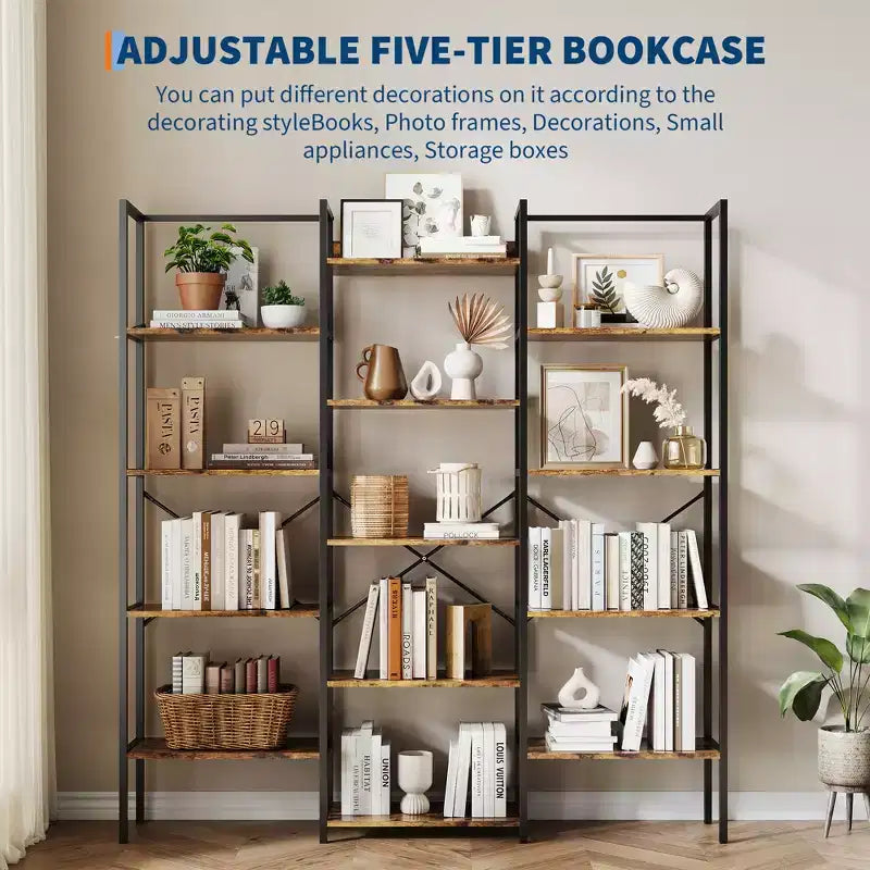 5-Tier Industrial Bookcase with 14 Open Shelves, 63.4W