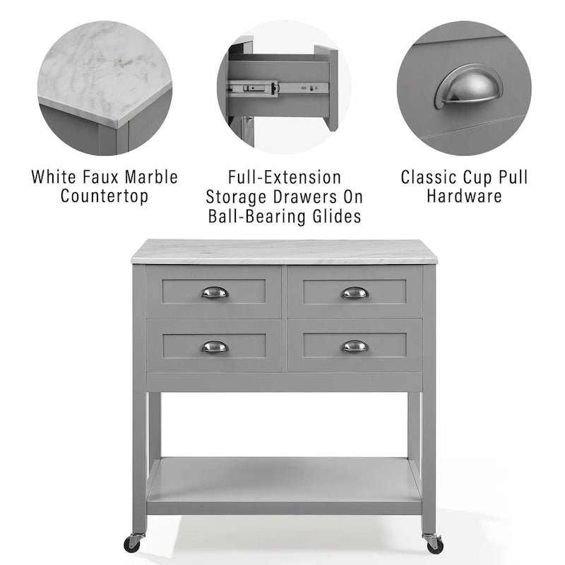 Modern Farmhouse Kitchen Island Cart with 4 Drawers Faux Marble Top and Casters